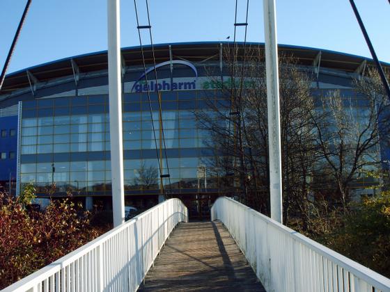 Across the footbridge to Galpharm Stadium